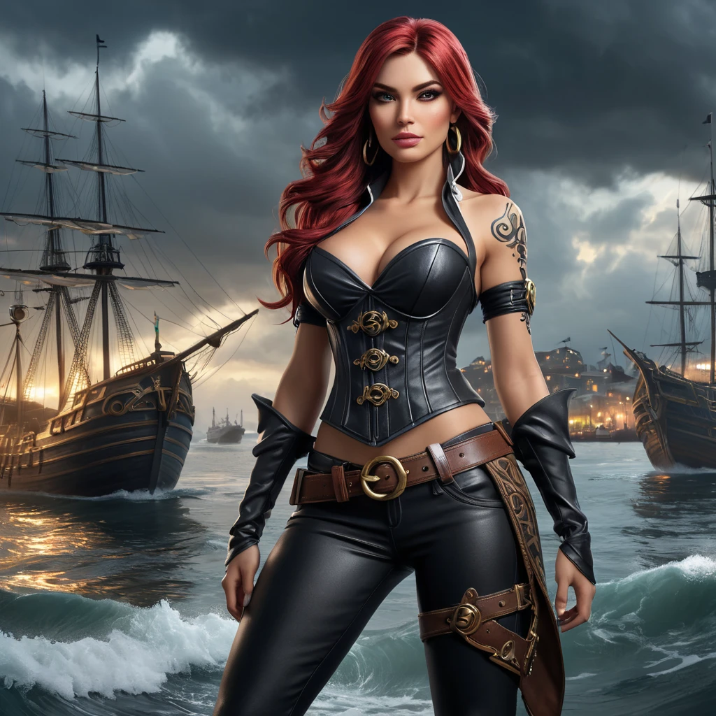 Miss Fortune from League of Legends, her arms and back covered in tribal tattoos that symbolize her pirate heritage, wearing a revealing corset and leather pants, standing in a stormy harbor with her crew in the background, dramatic lighting, hyper-realistic, 8K resolution