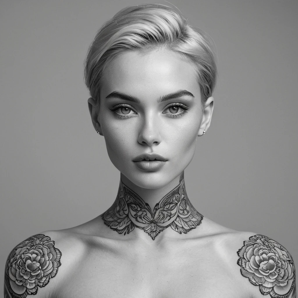 A close-up of Quinn's face, her features delicate yet strong, with tattoos that weave around her neck and jawline, creating a striking contrast against her smooth, porcelain skin, set against a minimalist, monochrome background.