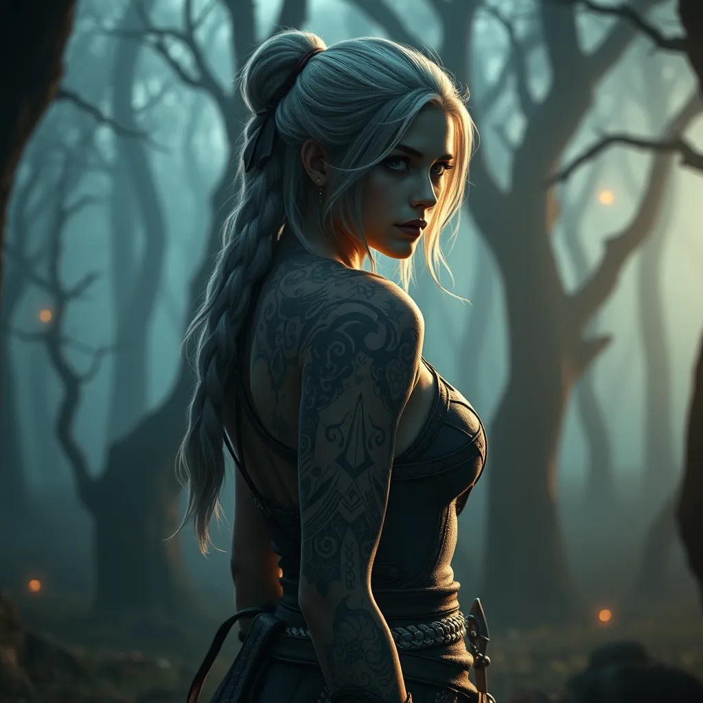 Ciri from The Witcher 3, with intricate tribal tattoos covering her arms and back, standing in a misty forest with ancient trees and glowing runes, cinematic lighting, hyper-realistic, 8K resolution