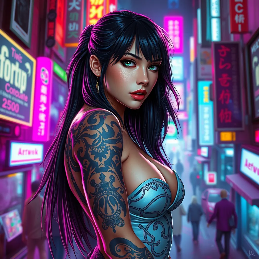 A stunning portrait of Tifa Lockhart with intricate tribal tattoos covering her arms and back, set against a vibrant, neon-lit cyberpunk cityscape.