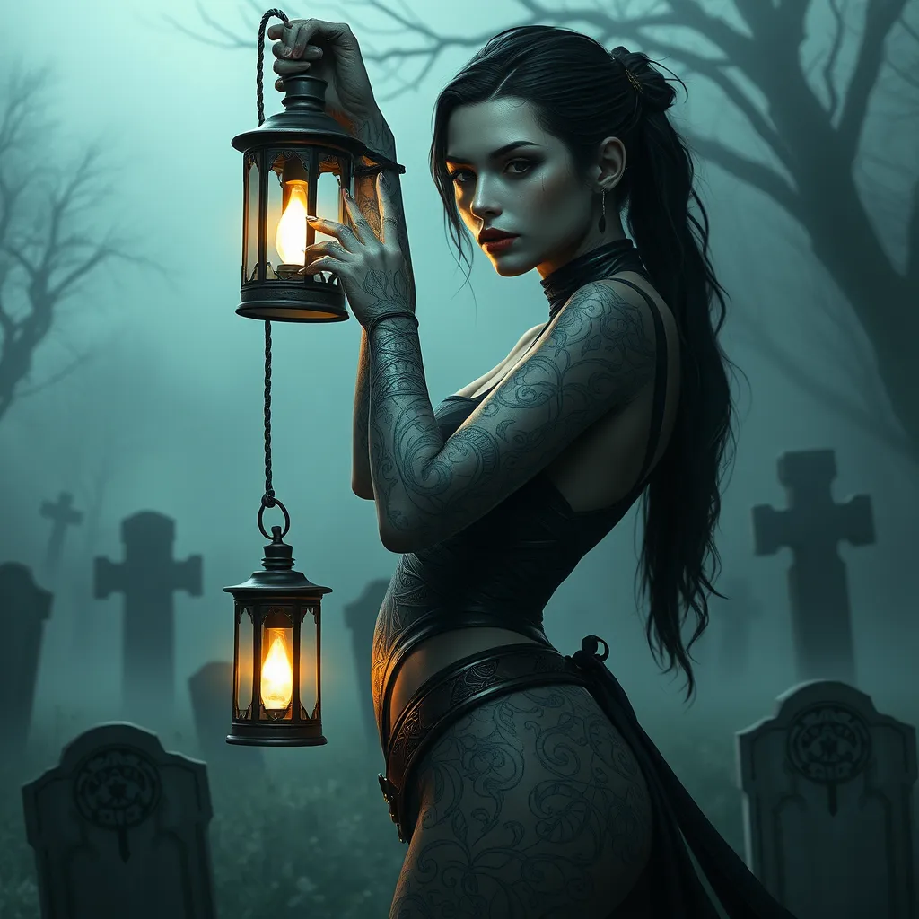 Vayne, the relentless tracker, her body marked with intricate, thorny tattoos that symbolize her relentless pursuit of justice, standing in a foggy graveyard with a lantern casting eerie light on her face.