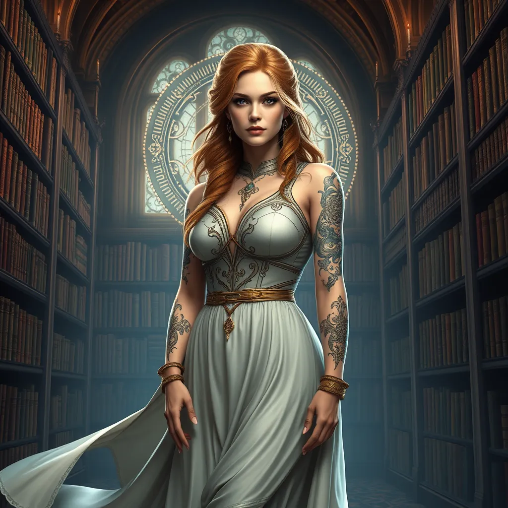 Triss Merigold, the beloved sorceress from The Witcher 3, with elegant tattoos that form a magical circle around her arms, standing in a grand library filled with ancient tomes, her dress flowing gracefully, and her eyes filled with wisdom and determination.