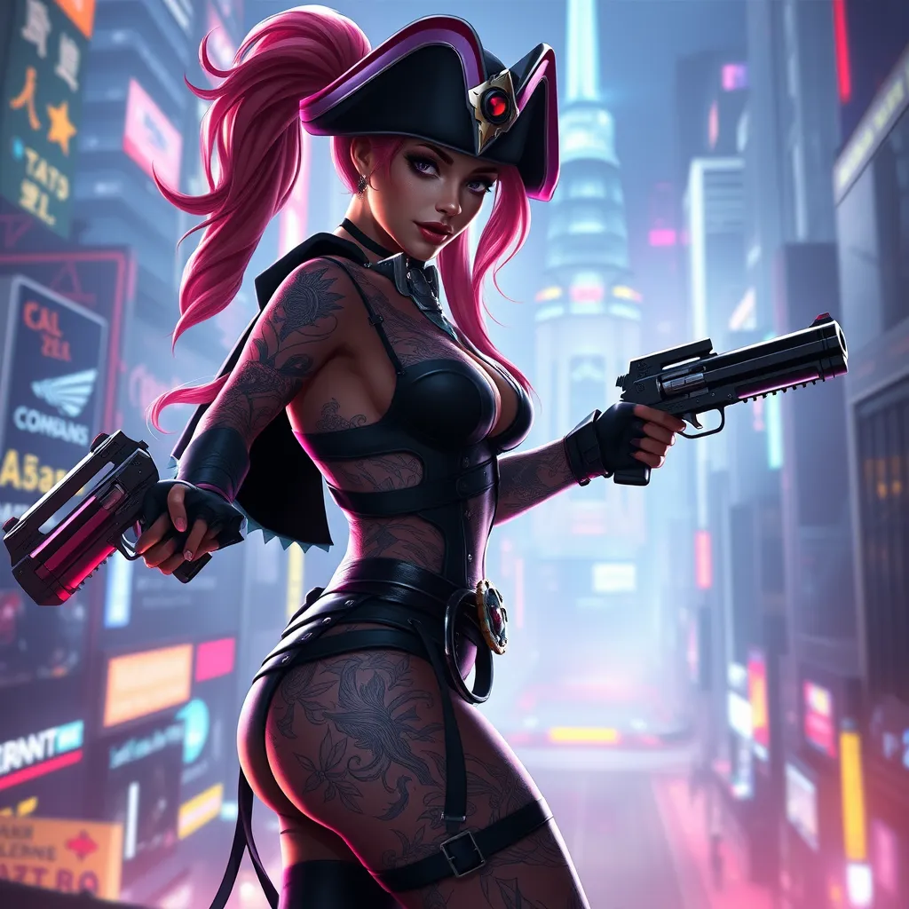 Miss Fortune from League of Legends, her body covered in tattoos that tell the story of her adventures, wearing a sleek, modernized pirate outfit, standing in a futuristic cityscape with neon lights reflecting off her pistols, cyberpunk style, ultra-detailed, 8K resolution