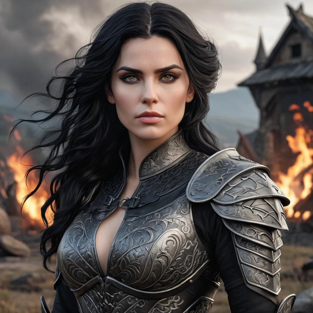 Yennefer with mystical, dragon-themed tattoos that wrap around her body, wearing a battle-worn, yet elegant armor, standing in a battlefield with a backdrop of a burning village, her expression fierce and determined.