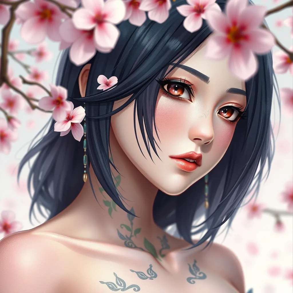 A close-up of Tifa Lockhart with delicate, watercolor-style tattoos on her face and neck, set against a soft, dreamy background of floating cherry blossoms.