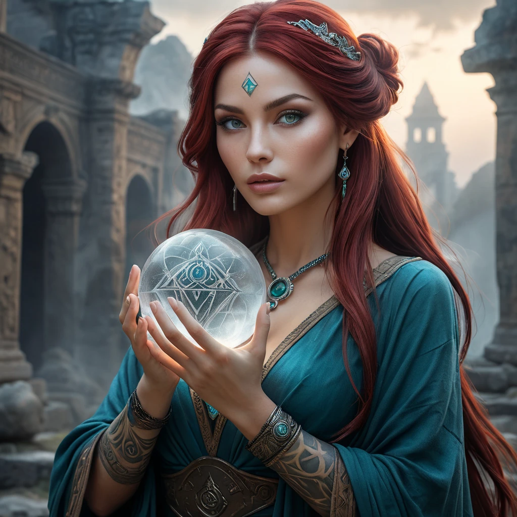 Katarina, a mysterious enchantress with mystical runes tattooed on her face and hands, surrounded by swirling mist and ancient ruins, holding a crystal ball that glows with inner light.