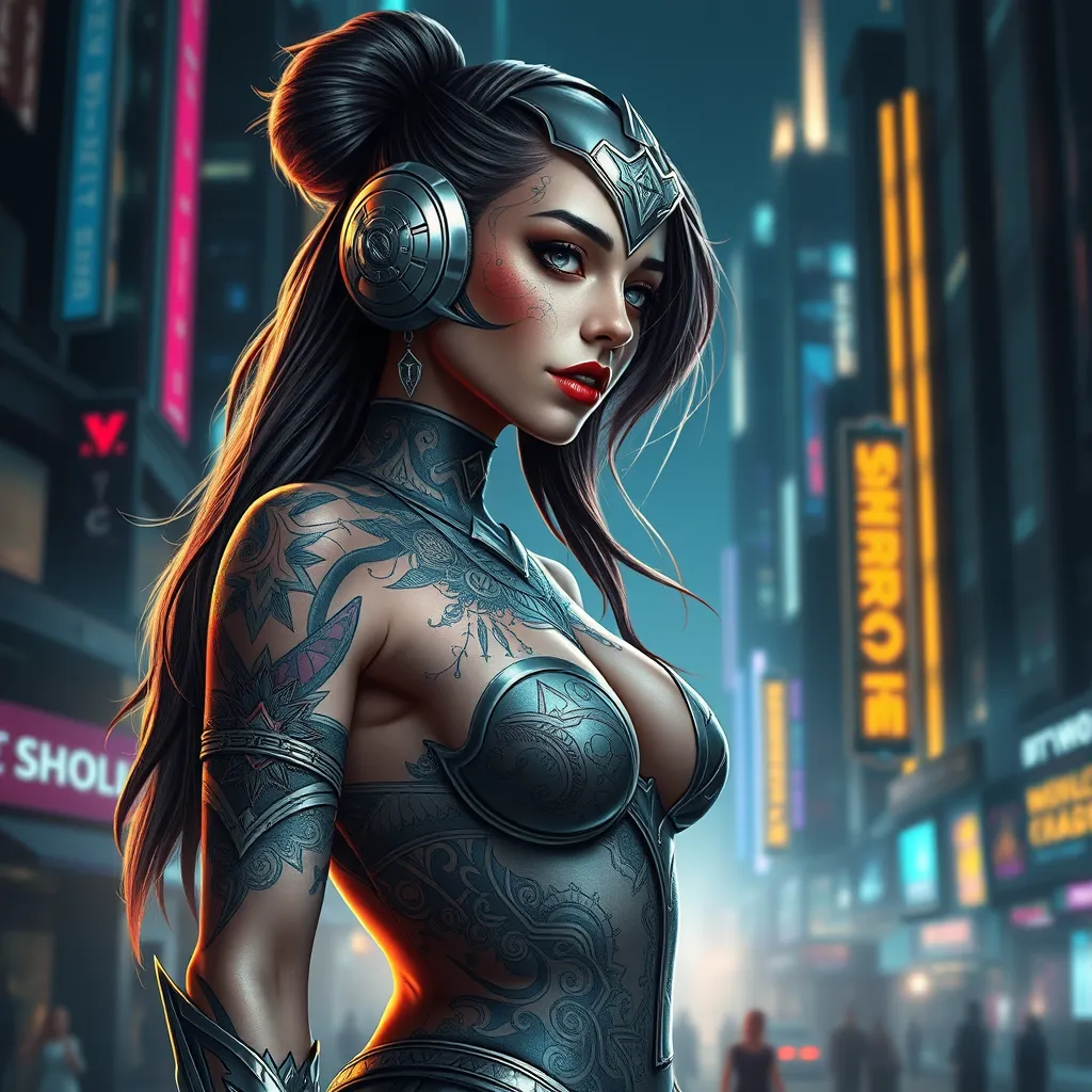 Sivir, the legendary bounty hunter, her skin decorated with intricate, celestial tattoos that reflect her connection to the stars, standing in a futuristic cityscape with neon lights illuminating her path.