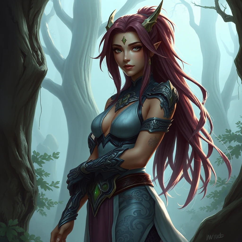 Fiora from League of Legends with dragon tattoos winding around her arms and chest, standing in a misty forest with ancient trees towering around her, her presence exuding strength and grace.