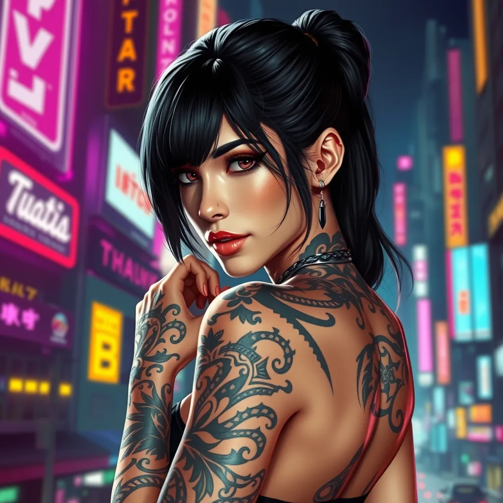 A stunning portrait of Tifa Lockhart with intricate tribal tattoos covering her arms and back, set against a vibrant, neon-lit cyberpunk cityscape.