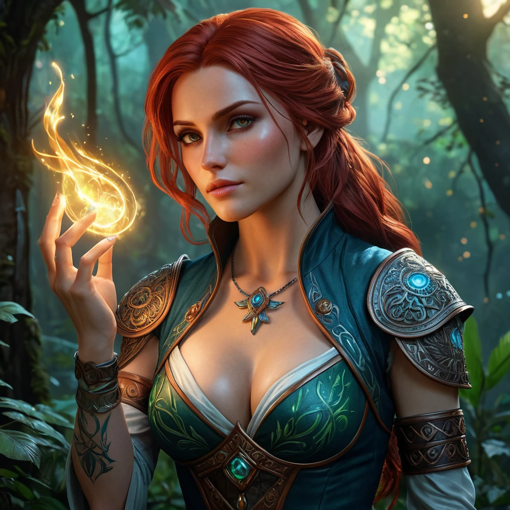 Triss Merigold, the enchanting sorceress from The Witcher 3, adorned with intricate magical tattoos that glow with arcane energy, standing in a mystical forest with bioluminescent plants, her red hair flowing like flames, and her eyes shimmering with ancient knowledge.