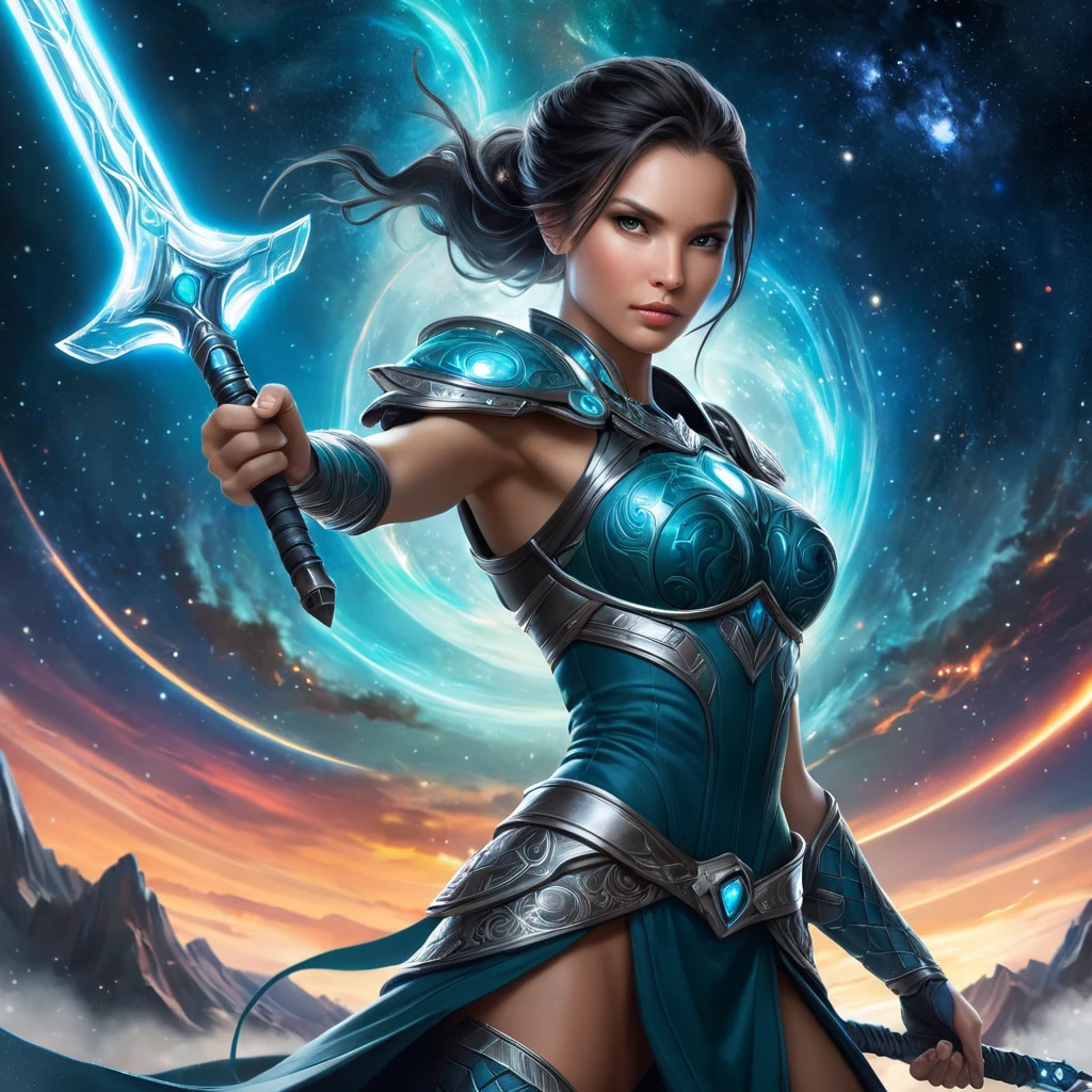 A fierce Vex warrior with dragon-themed tattoos, wielding a glowing energy sword, set against a backdrop of a cosmic battlefield with swirling galaxies.