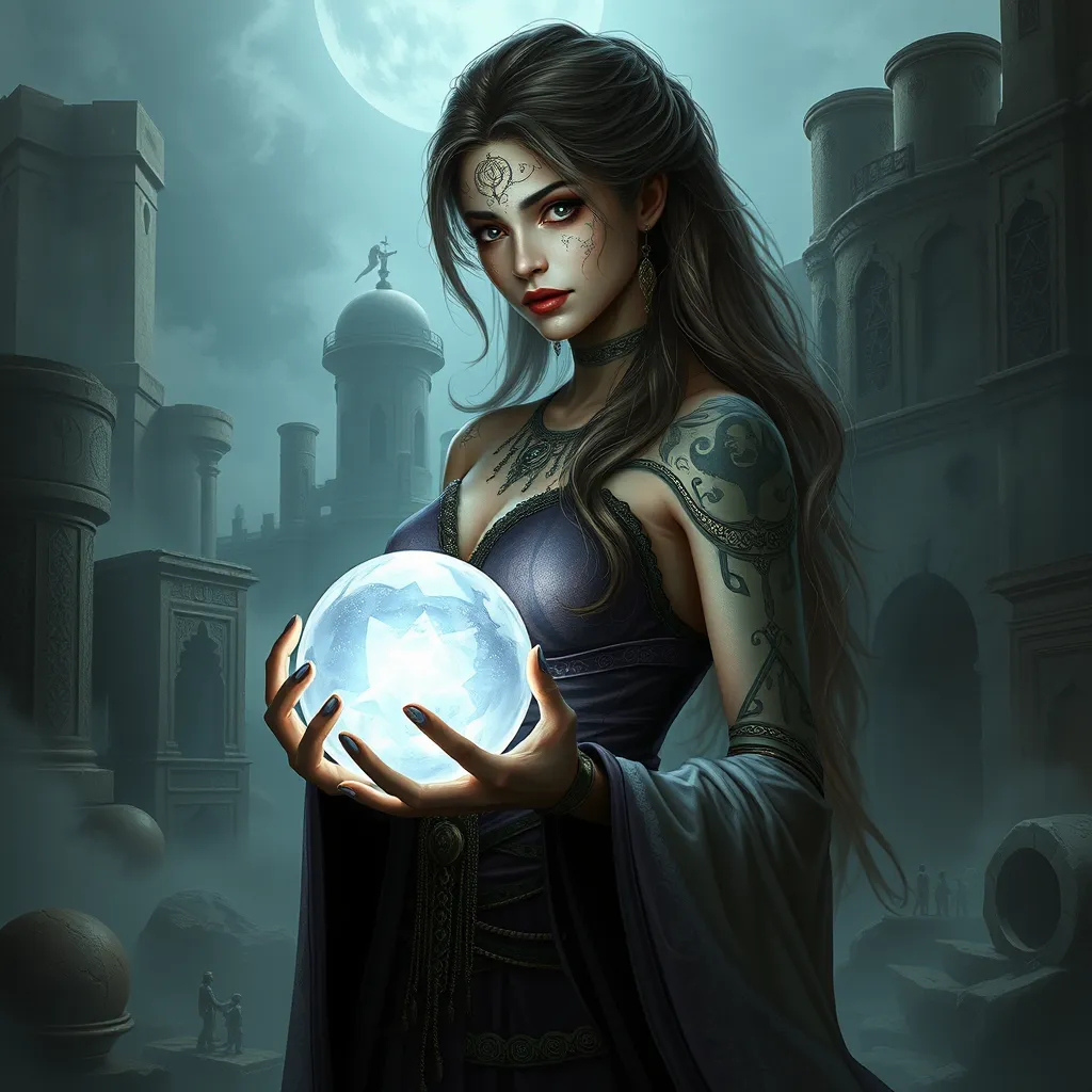 Katarina, a mysterious enchantress with mystical runes tattooed on her face and hands, surrounded by swirling mist and ancient ruins, holding a crystal ball that glows with inner light.