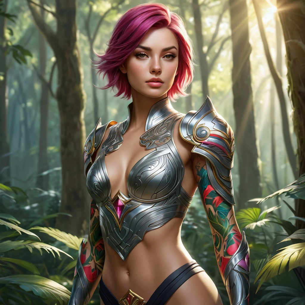 Fiora, the poised and confident swordswoman, her skin decorated with vibrant, abstract tattoos that shimmer like jewels, standing in a lush forest with sunlight filtering through the trees, her presence commanding respect.