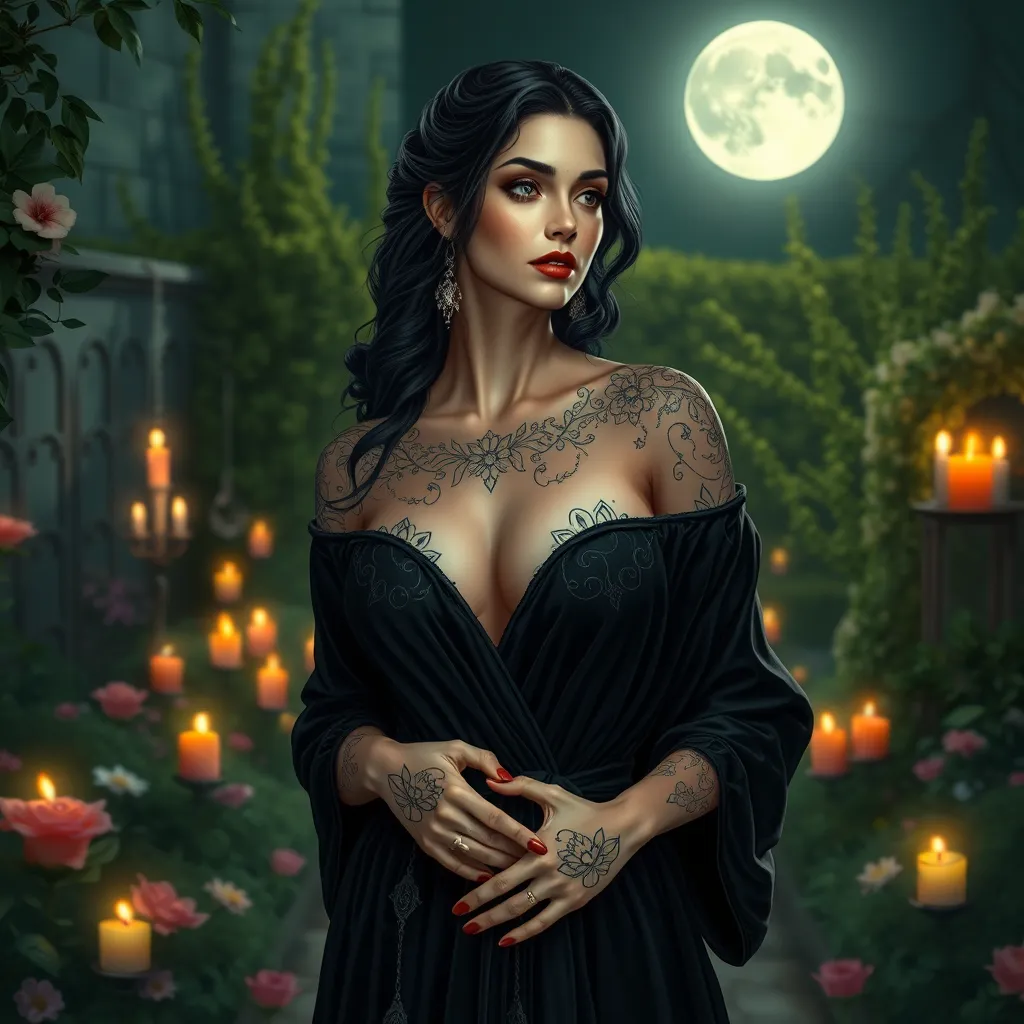 Yennefer with delicate, floral tattoos that intertwine with magical symbols, dressed in a luxurious, velvet robe, standing in a serene garden with floating candles and a full moon overhead, her presence exuding both power and grace.