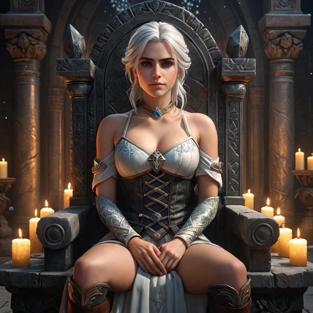 Ciri from The Witcher 3, with elegant floral tattoos intertwined with magical symbols, sitting on a throne made of ancient stone, surrounded by floating candles and glowing crystals, fantasy art style, 8K