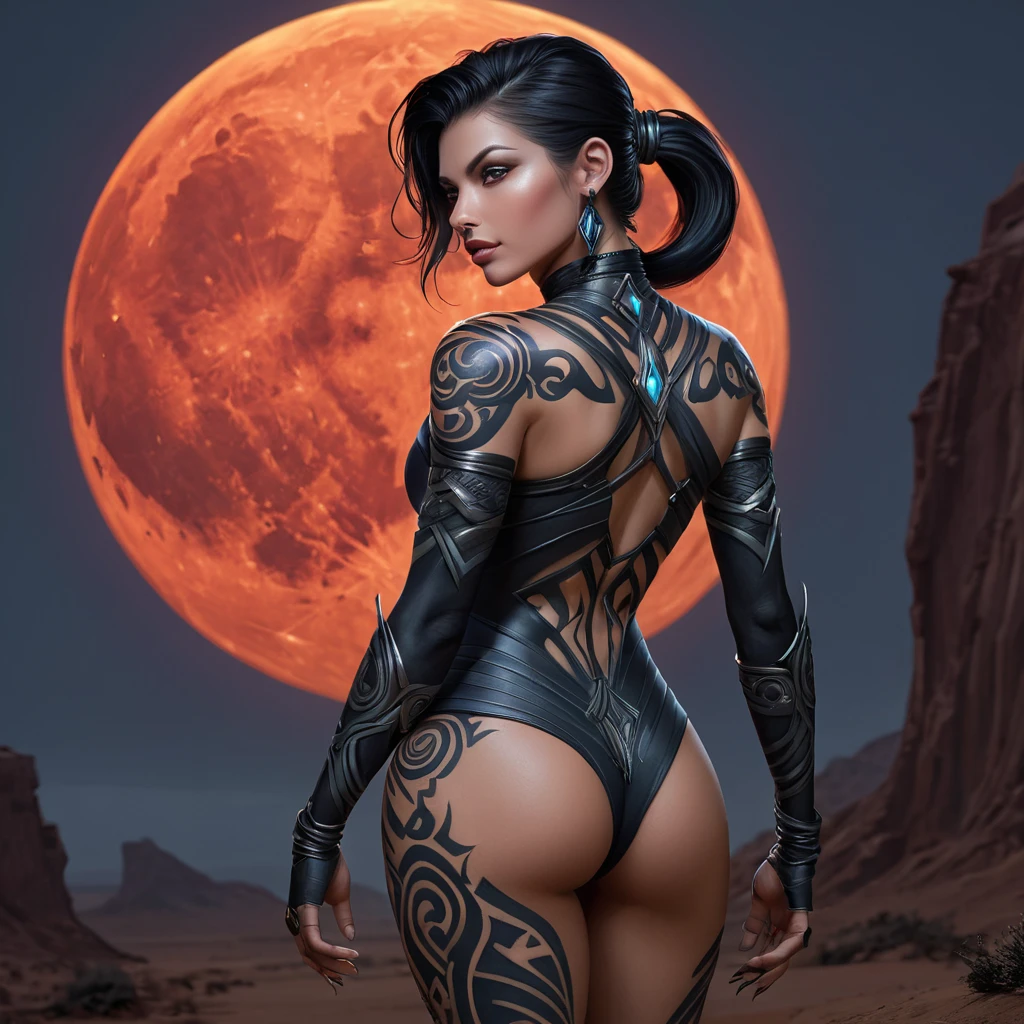 Vayne, the nightstalker, her body decorated with bold, tribal tattoos that glow faintly in the dark, standing in a desolate wasteland under a blood-red moon.