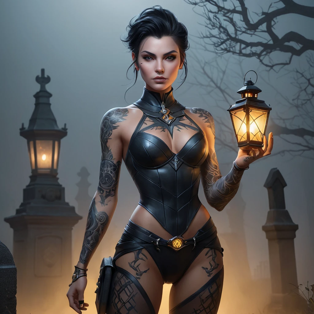 Vayne, the relentless tracker, her body marked with intricate, thorny tattoos that symbolize her relentless pursuit of justice, standing in a foggy graveyard with a lantern casting eerie light on her face.