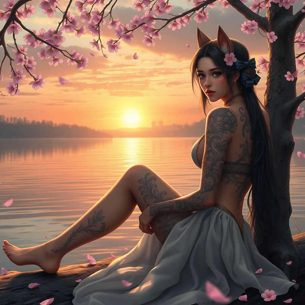 A serene Vex with nature-inspired tattoos, sitting by a tranquil lake at sunset, with cherry blossom petals gently falling around them.