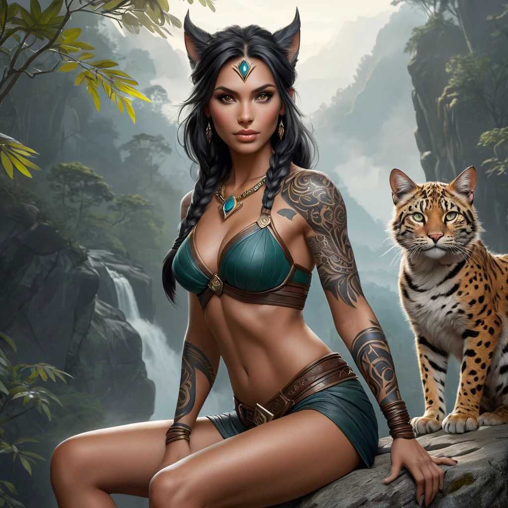 Nidalee, the fierce huntress, adorned with detailed animalistic tattoos that blend seamlessly with her feline features, perched on a rocky outcrop overlooking a misty forest, her eyes glowing with primal intensity.