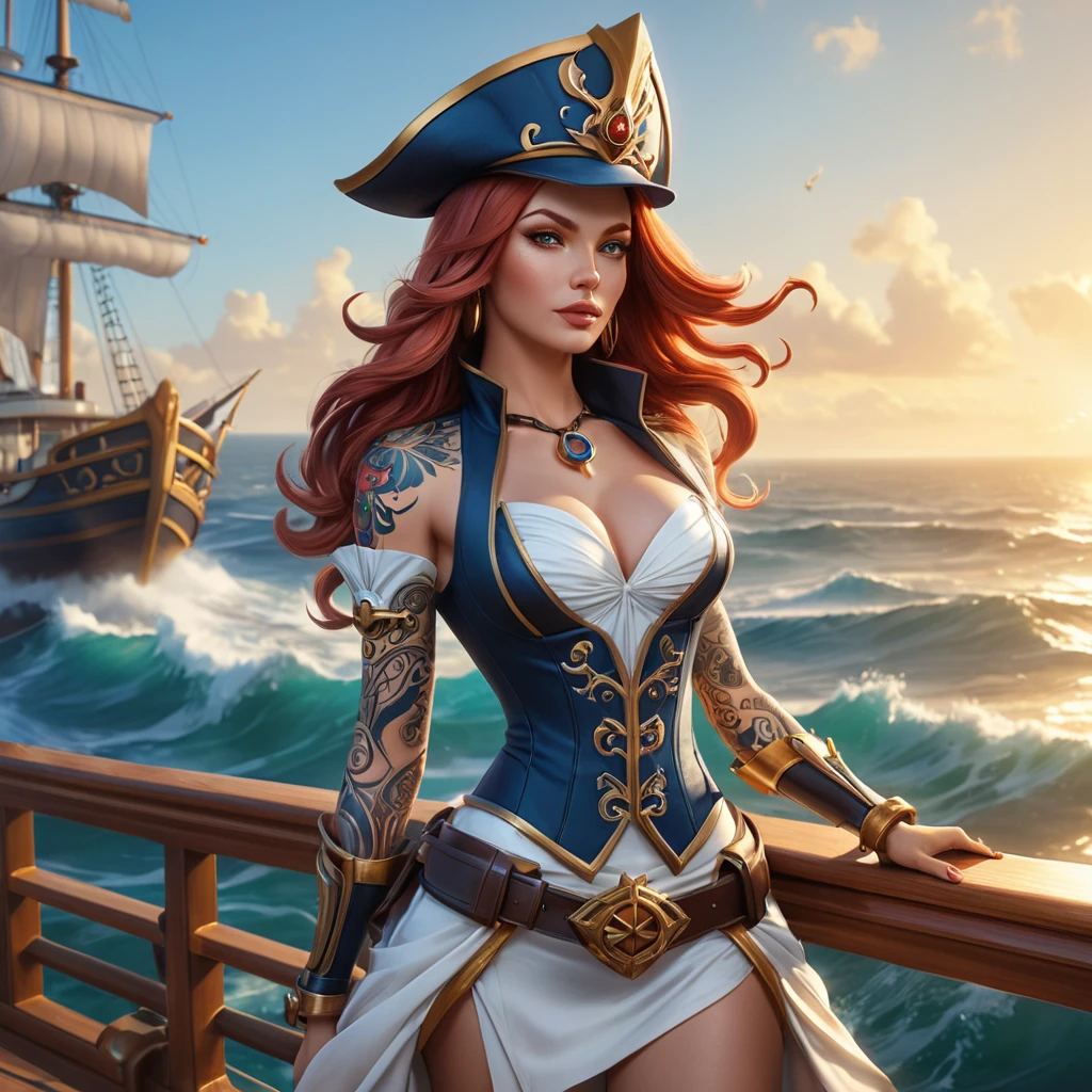 Miss Fortune from League of Legends, adorned with intricate tattoos that glow with a mystical aura, standing on the deck of her ship with the ocean waves crashing behind her, her dual pistols gleaming in the sunlight, cinematic lighting, high detail, 4K resolution