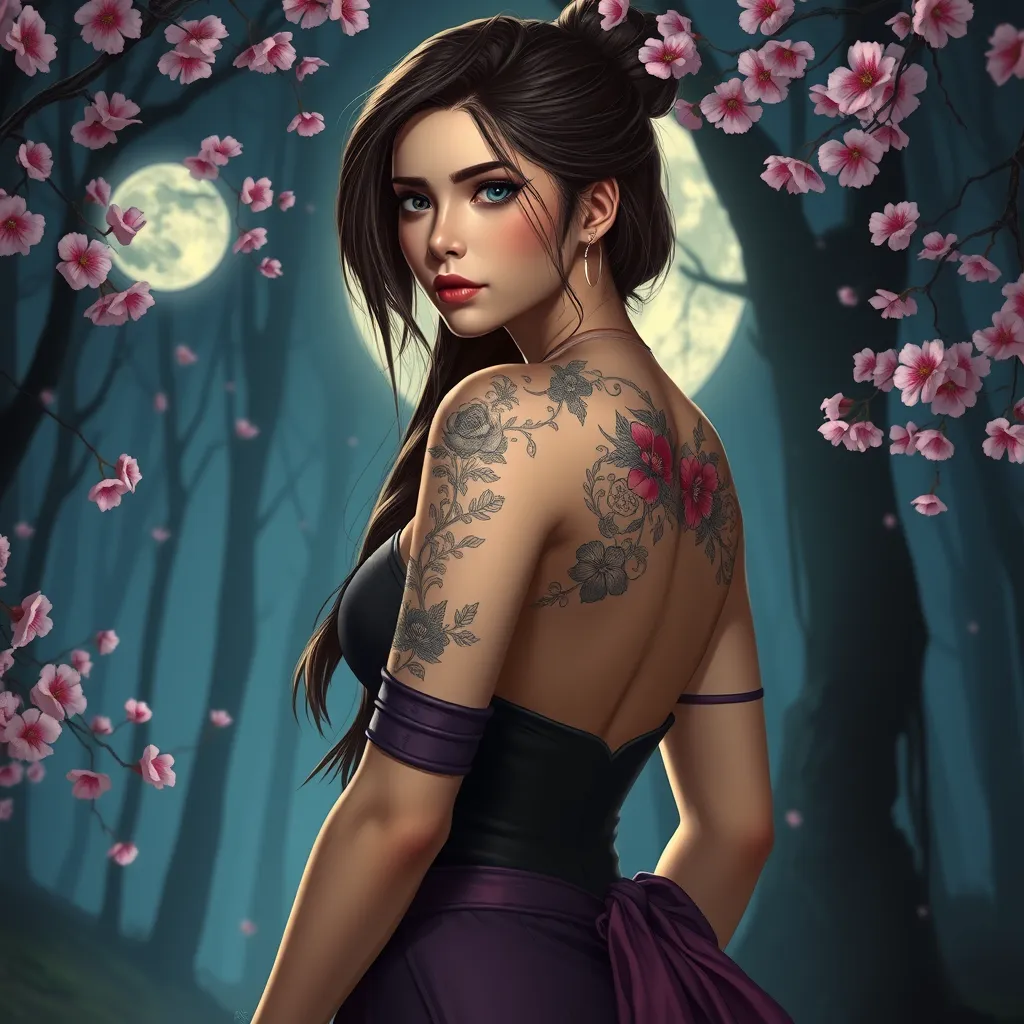 Tifa Lockhart with elegant, floral tattoos adorning her shoulders and upper back, standing in a serene, moonlit forest with cherry blossoms falling around her.