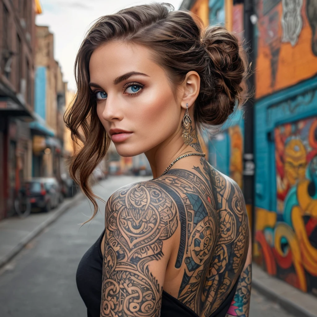 A stunning portrait of Quinn, a beautiful woman with mesmerizing eyes, adorned with intricate tattoos that tell a story of ancient myths and modern rebellion, set against a backdrop of a vibrant urban street art scene.