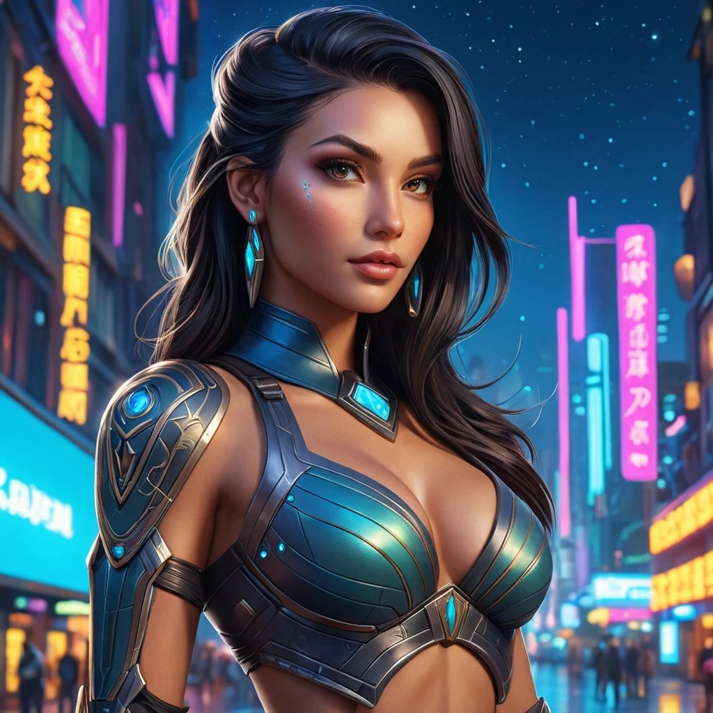 Sivir, the legendary bounty hunter, her skin decorated with intricate, celestial tattoos that reflect her connection to the stars, standing in a futuristic cityscape with neon lights illuminating her path.