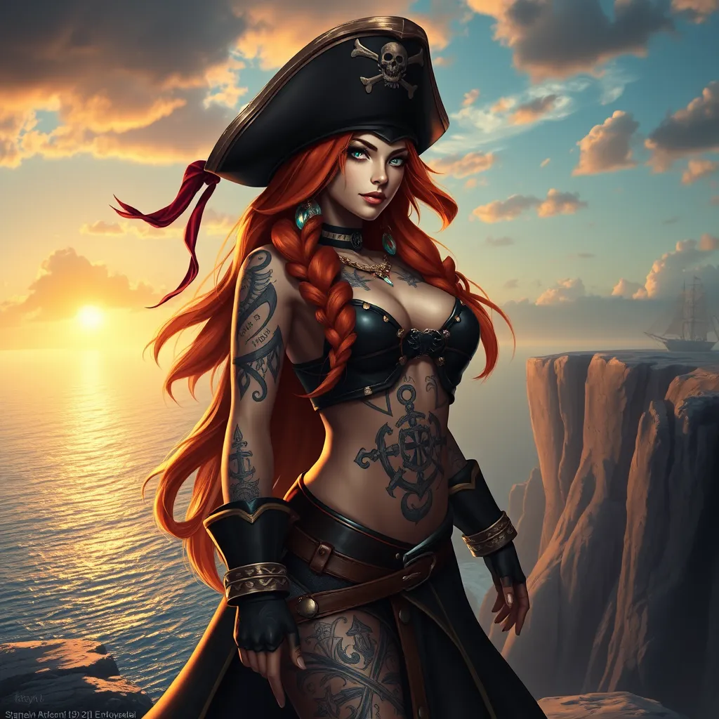 Miss Fortune from League of Legends, her skin adorned with nautical-themed tattoos, wearing a pirate captain's hat and a long coat, standing on a cliff overlooking a vast ocean, the sunset casting a golden glow on her, highly detailed, ultra-realistic, 6K resolution