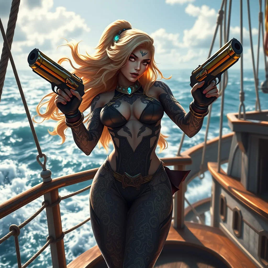 Miss Fortune from League of Legends, adorned with intricate tattoos that glow with a mystical aura, standing on the deck of her ship with the ocean waves crashing behind her, her dual pistols gleaming in the sunlight, cinematic lighting, high detail, 4K resolution