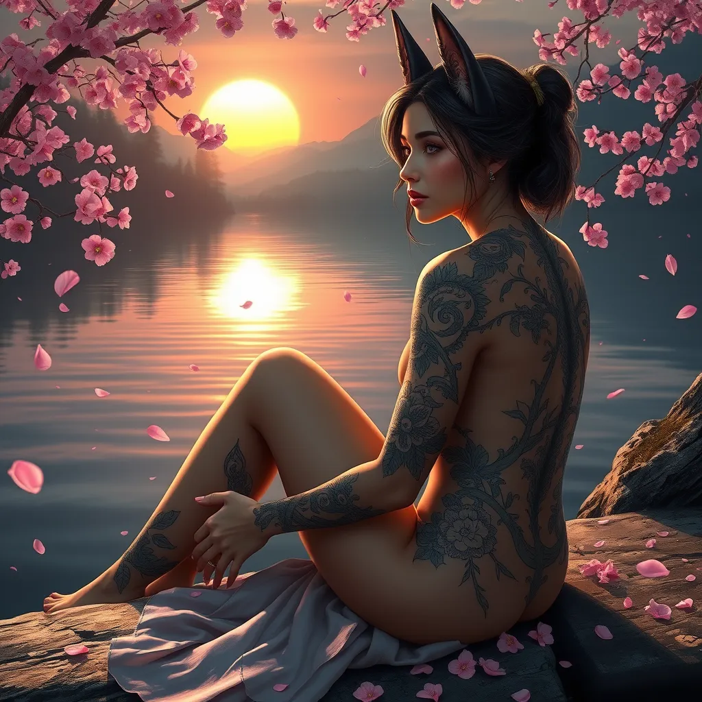 A serene Vex with nature-inspired tattoos, sitting by a tranquil lake at sunset, with cherry blossom petals gently falling around them.