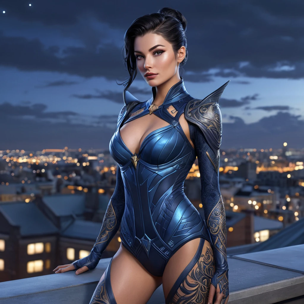 Vayne, the vigilant hunter, her skin adorned with intricate, celestial tattoos that reflect her connection to the night sky, standing on a rooftop overlooking a bustling city at dusk.