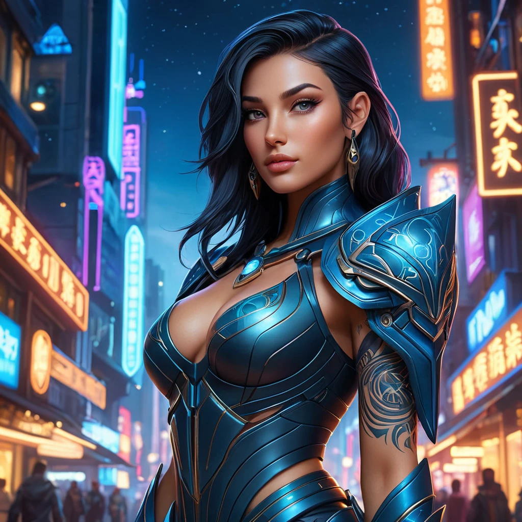 Sivir, the legendary bounty hunter, her skin decorated with intricate, celestial tattoos that reflect her connection to the stars, standing in a futuristic cityscape with neon lights illuminating her path.