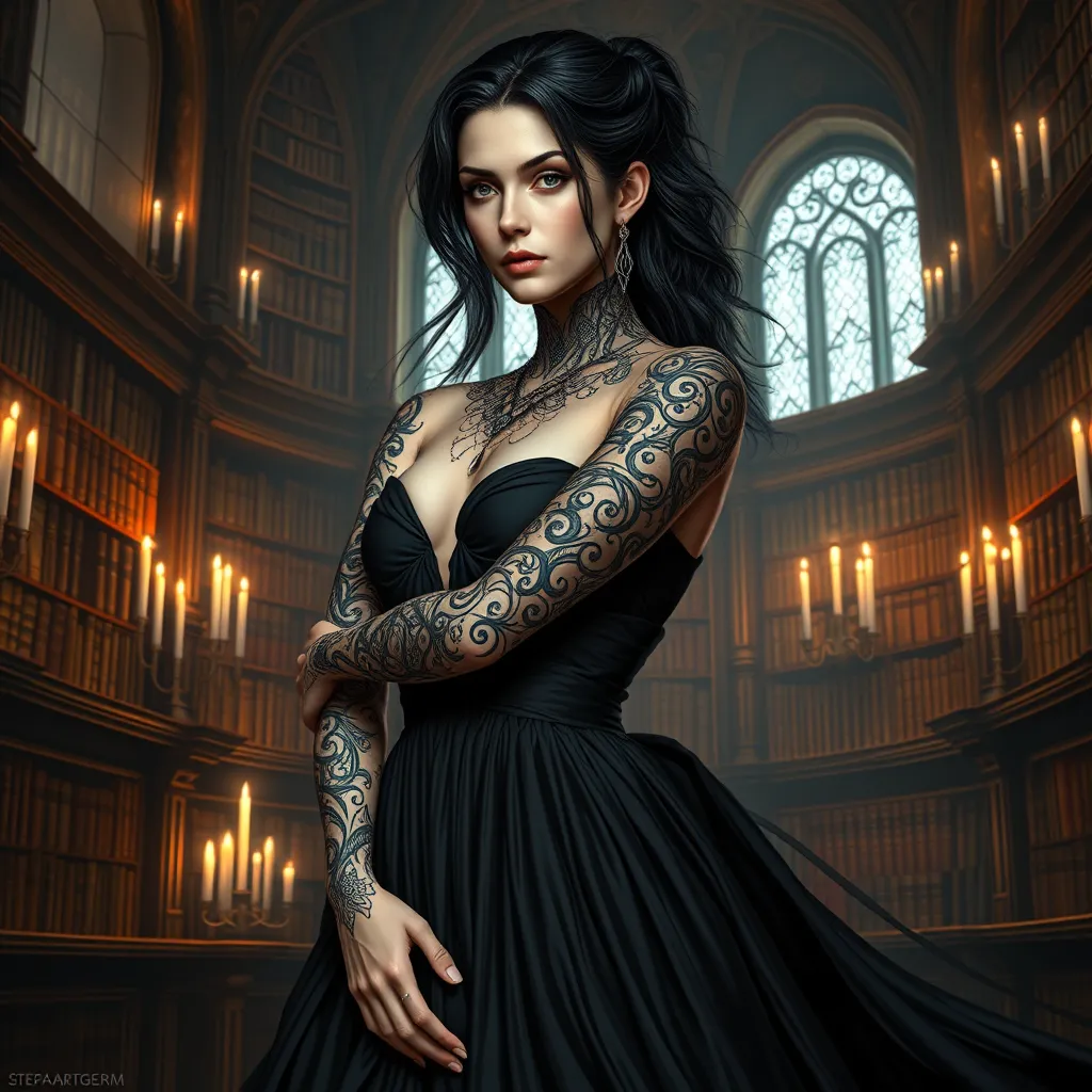 Yennefer with detailed, dark ink tattoos that form a complex pattern across her arms and neck, wearing a regal, flowing black gown, standing in a grand, candlelit library filled with ancient tomes.