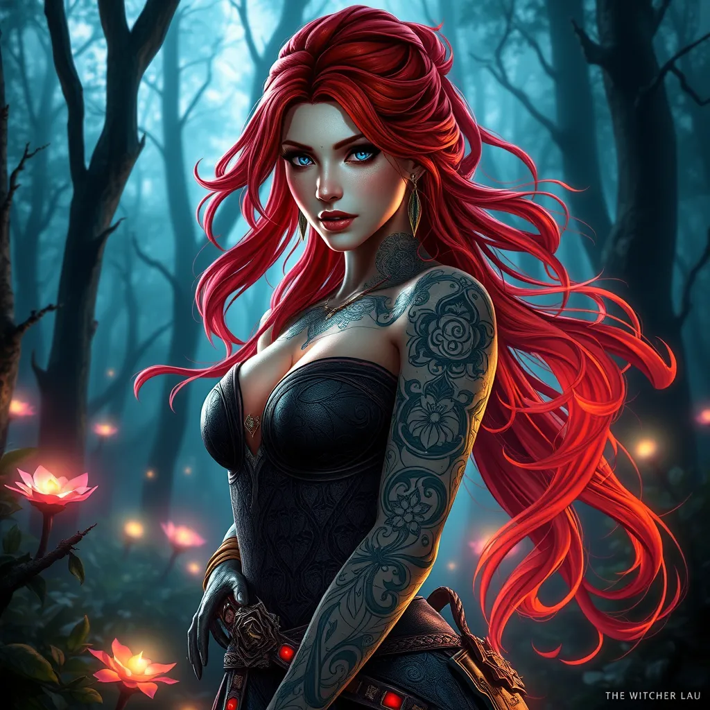 Triss Merigold, the enchanting sorceress from The Witcher 3, adorned with intricate magical tattoos that glow with arcane energy, standing in a mystical forest with bioluminescent plants, her red hair flowing like flames, and her eyes shimmering with ancient knowledge.