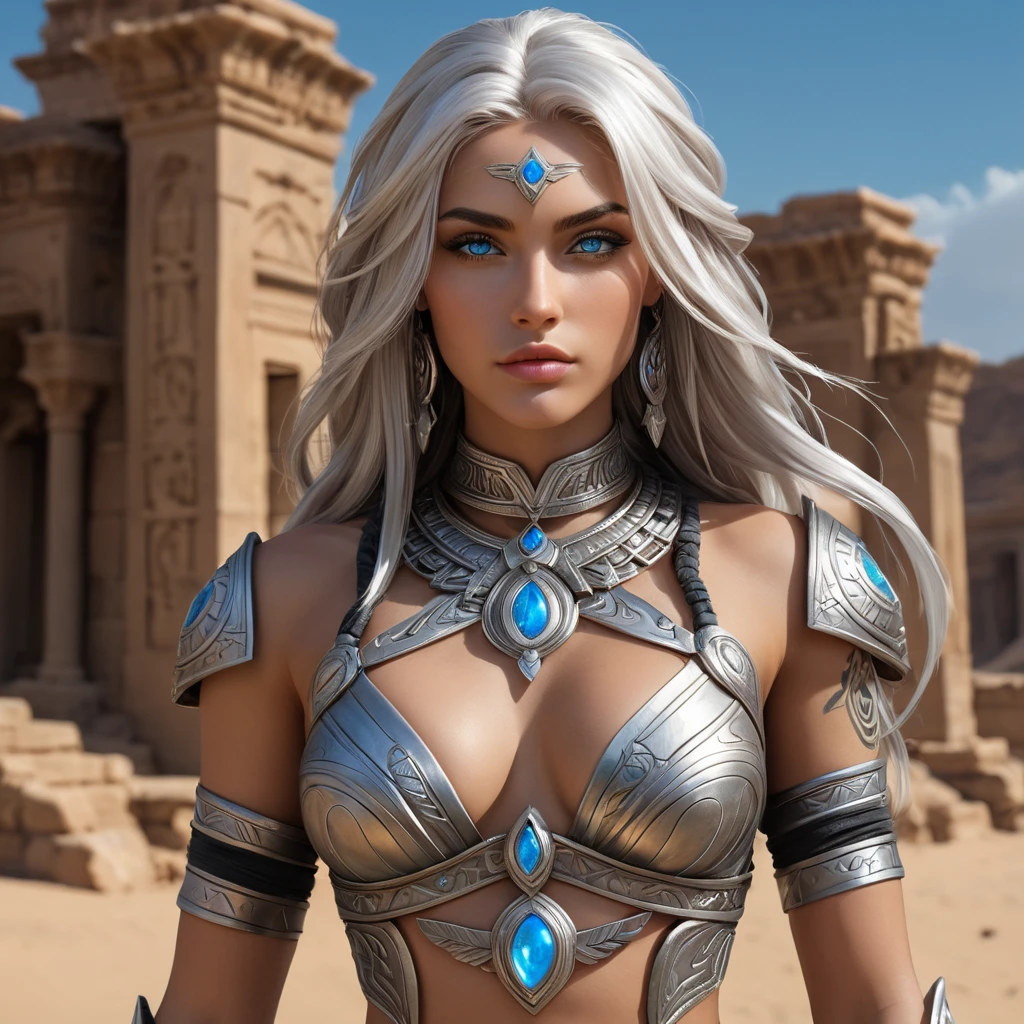 Sivir, the mercenary with striking blue eyes and flowing silver hair, adorned with intricate tribal tattoos that glow faintly in the moonlight, standing confidently in a desert landscape with a backdrop of ancient ruins.