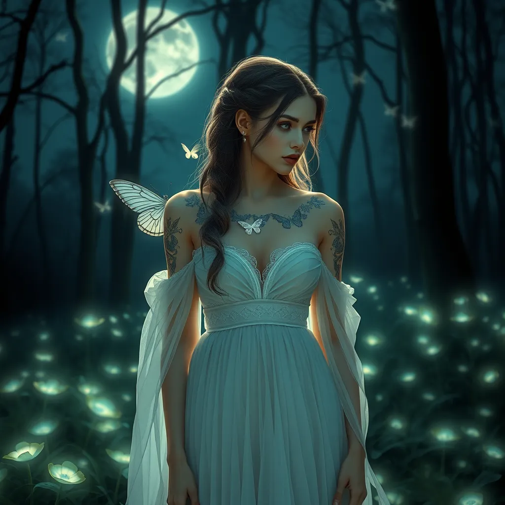 Katarina, a ethereal beauty with delicate butterfly tattoos fluttering across her shoulders and neck, wearing a flowing white gown, standing in a moonlit forest with bioluminescent plants glowing around her.