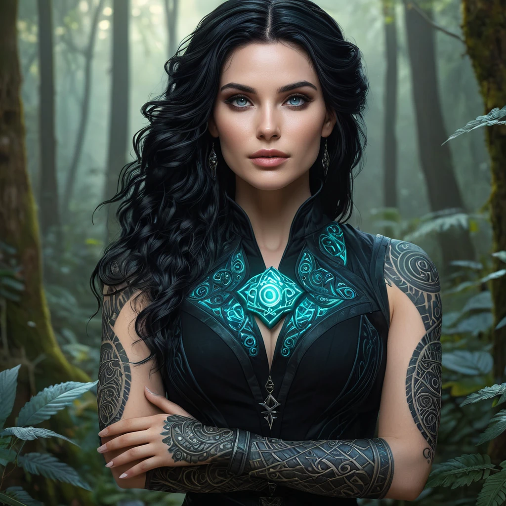 Yennefer of Vengerberg with intricate, glowing tattoos that resemble ancient runes, standing in a mystical forest with bioluminescent plants, her eyes shimmering with magical energy.