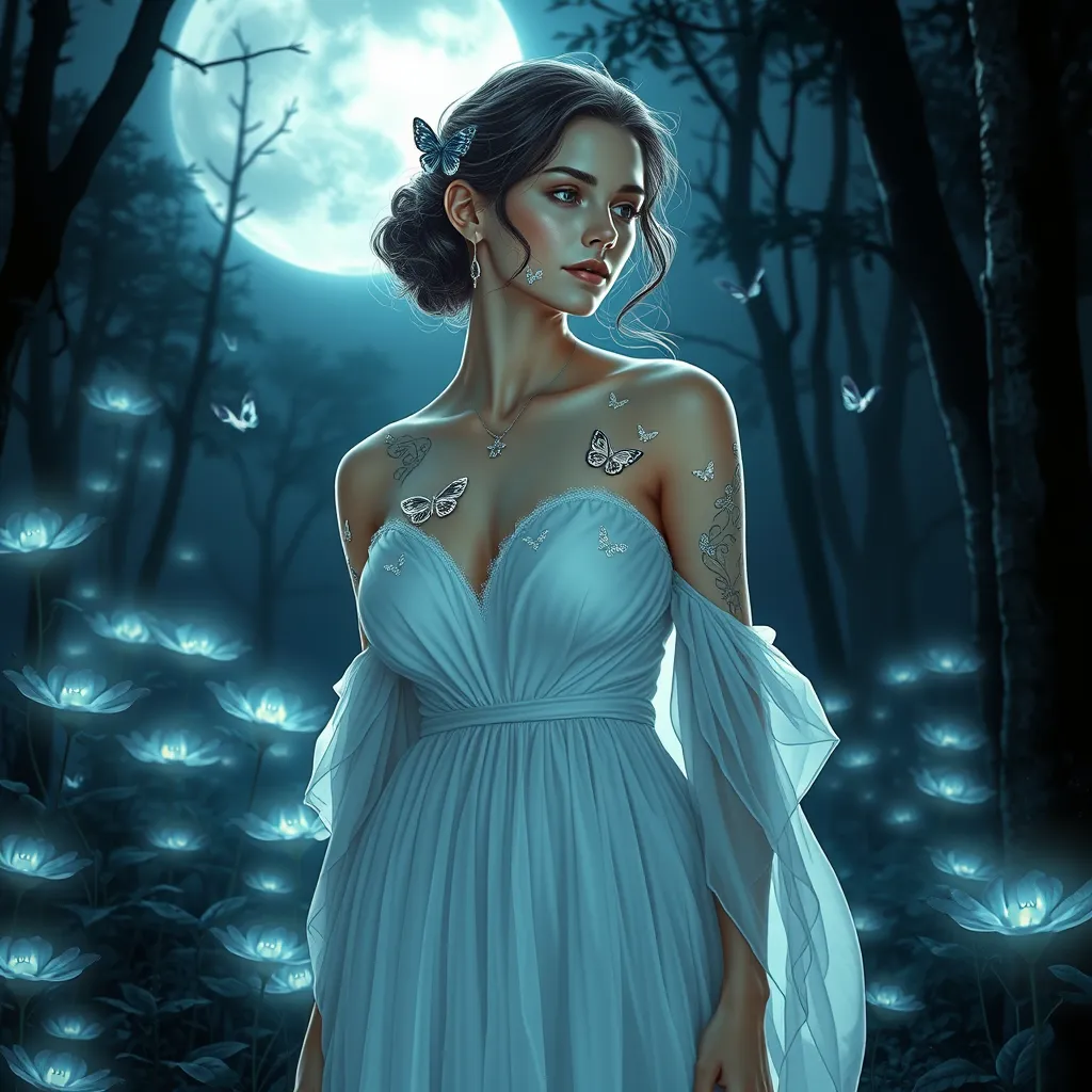 Katarina, a ethereal beauty with delicate butterfly tattoos fluttering across her shoulders and neck, wearing a flowing white gown, standing in a moonlit forest with bioluminescent plants glowing around her.