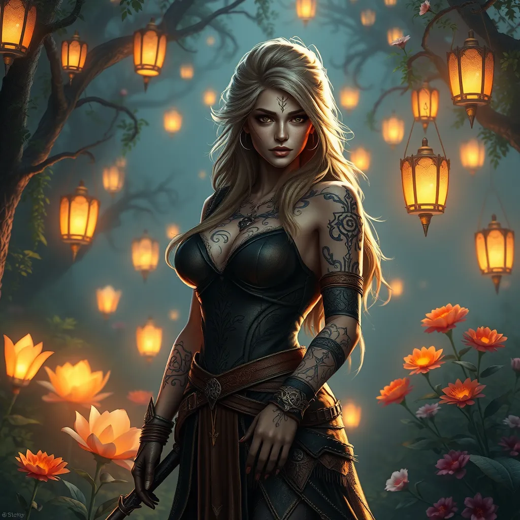 Triss Merigold, the fierce and beautiful sorceress from The Witcher 3, with tattoos that resemble magical runes and symbols, standing in a mystical garden with floating lanterns and glowing flowers, her presence exuding both strength and grace.