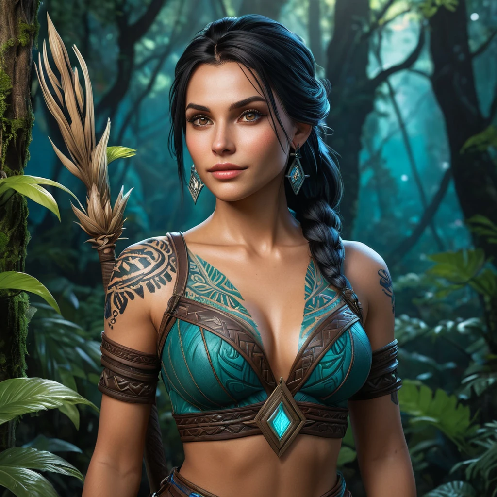 A stunning Nidalee from The Witcher 3, adorned with intricate tribal tattoos that glow with a mystical aura, standing in a lush, enchanted forest with bioluminescent plants illuminating her path.