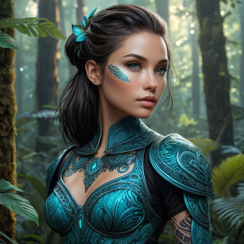 A majestic Vex with tribal-inspired tattoos, surrounded by a mystical forest with bioluminescent plants casting a soft glow on their armor.