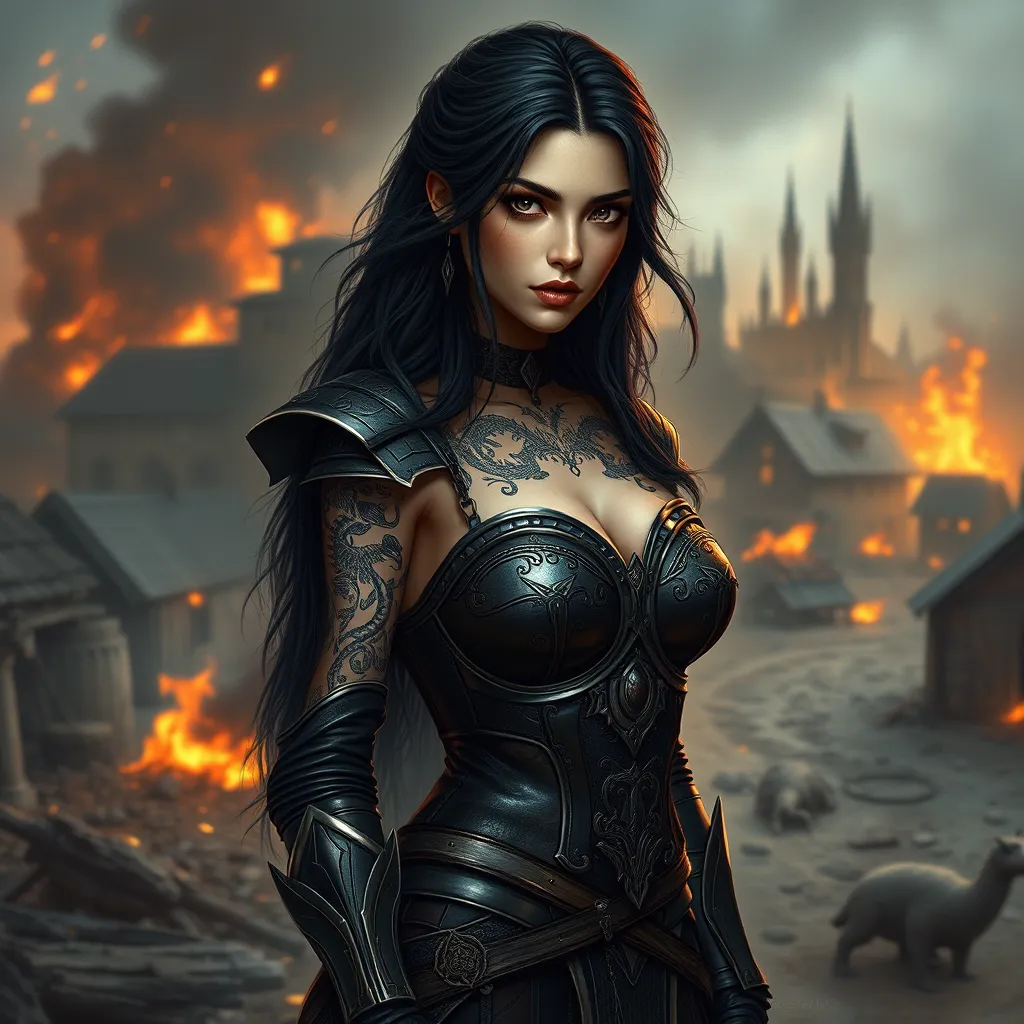 Yennefer with mystical, dragon-themed tattoos that wrap around her body, wearing a battle-worn, yet elegant armor, standing in a battlefield with a backdrop of a burning village, her expression fierce and determined.