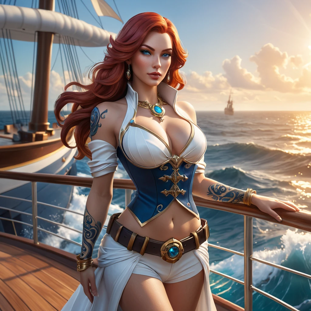 Miss Fortune from League of Legends, adorned with intricate tattoos that glow with a mystical aura, standing on the deck of her ship with the ocean waves crashing behind her, her dual pistols gleaming in the sunlight, cinematic lighting, high detail, 4K resolution