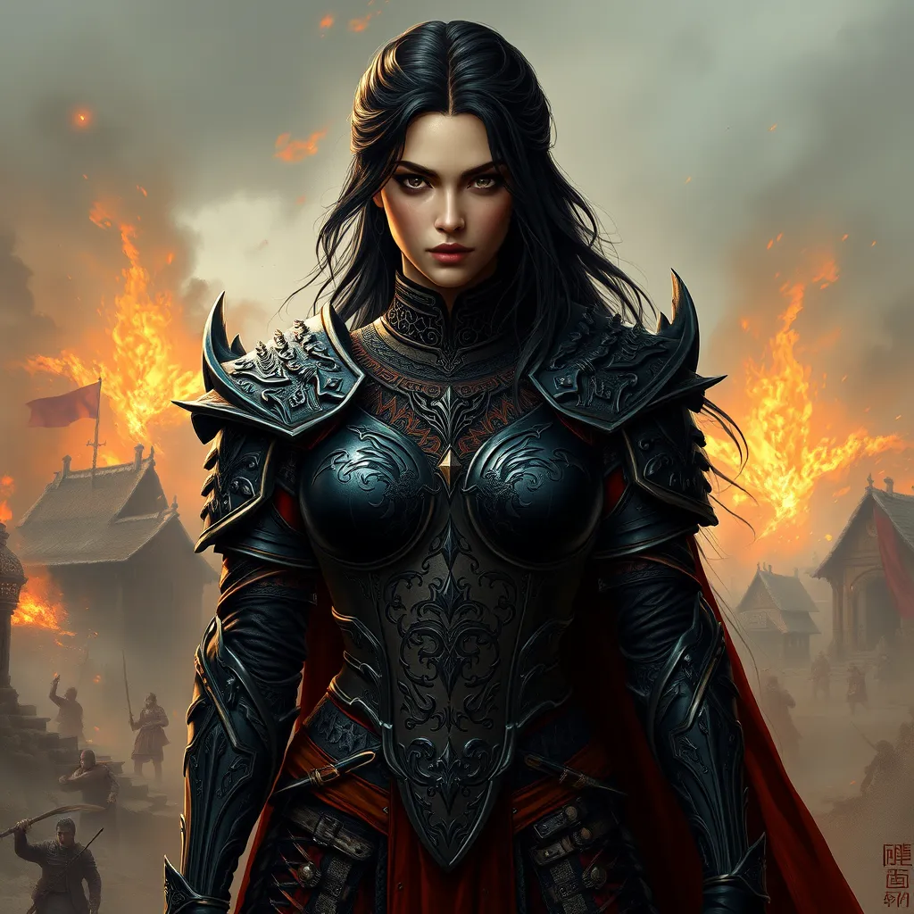 Yennefer with mystical, dragon-themed tattoos that wrap around her body, wearing a battle-worn, yet elegant armor, standing in a battlefield with a backdrop of a burning village, her expression fierce and determined.