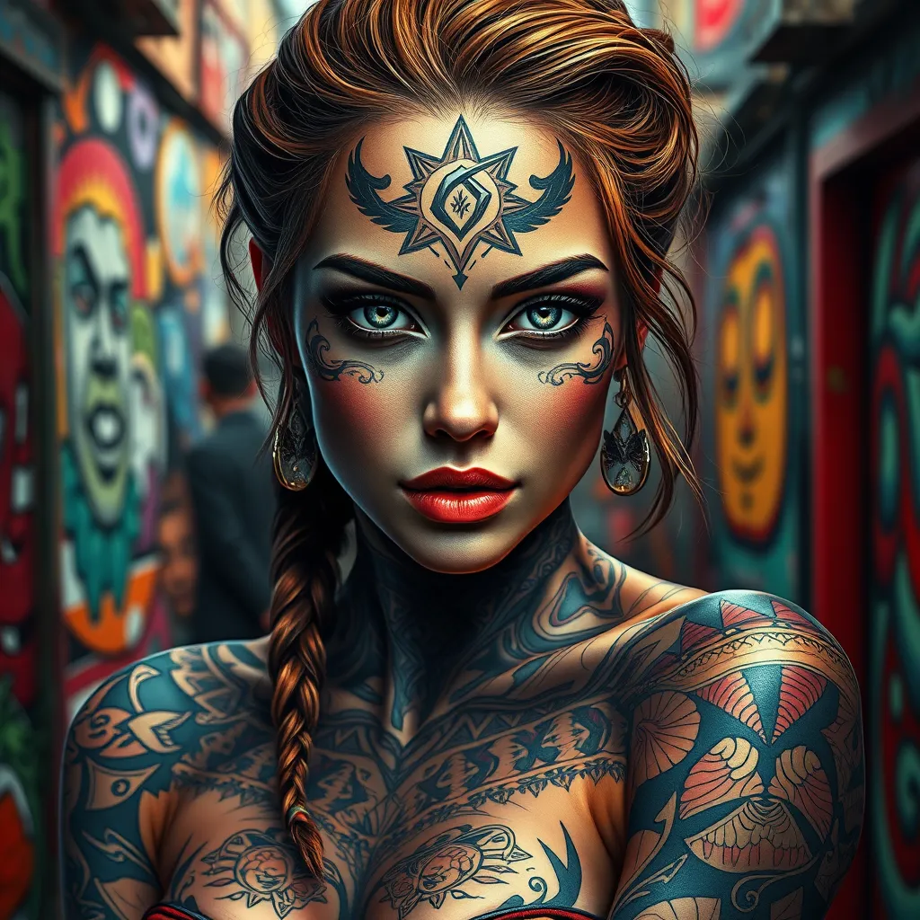 A stunning portrait of Quinn, a beautiful woman with mesmerizing eyes, adorned with intricate tattoos that tell a story of ancient myths and modern rebellion, set against a backdrop of a vibrant urban street art scene.