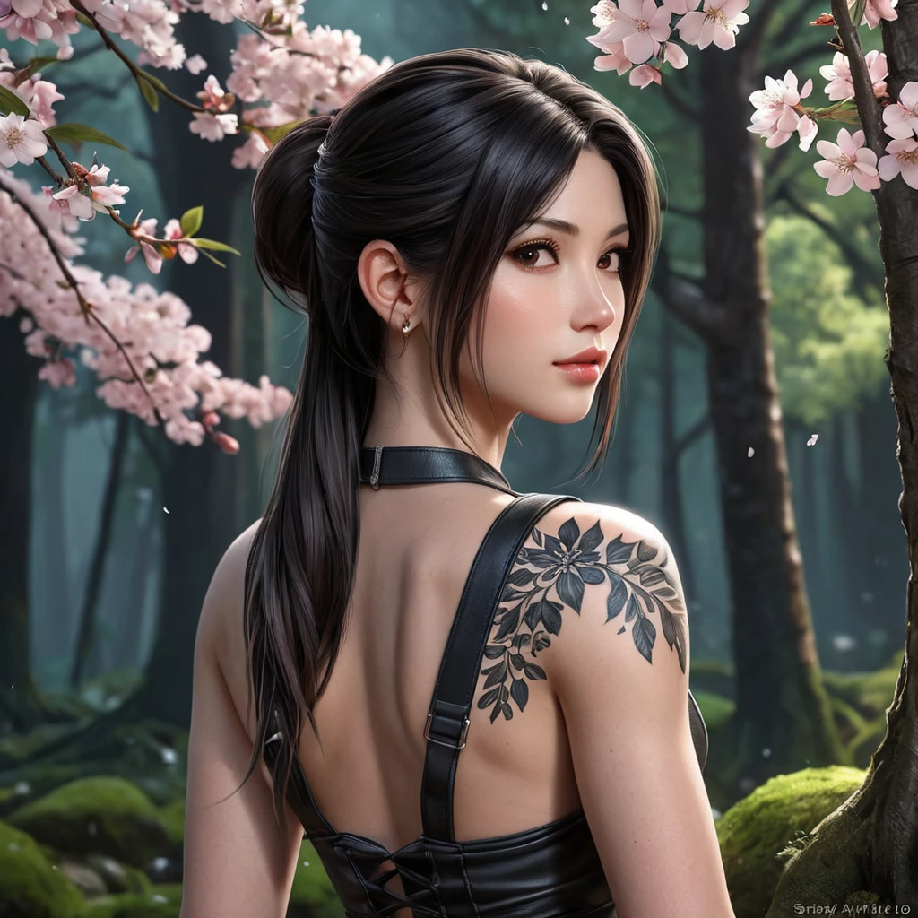 Tifa Lockhart with elegant, floral tattoos adorning her shoulders and upper back, standing in a serene, moonlit forest with cherry blossoms falling around her.