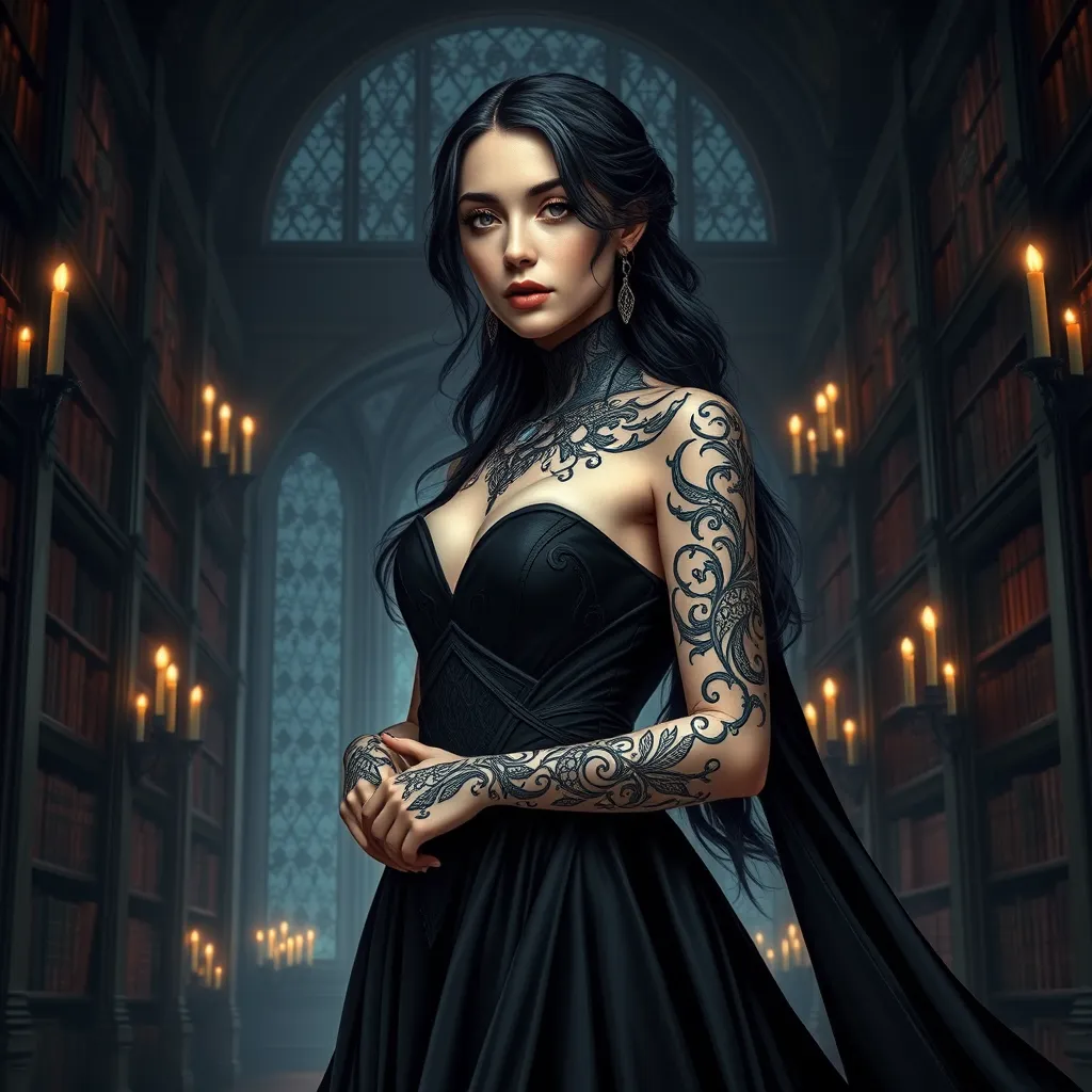 Yennefer with detailed, dark ink tattoos that form a complex pattern across her arms and neck, wearing a regal, flowing black gown, standing in a grand, candlelit library filled with ancient tomes.