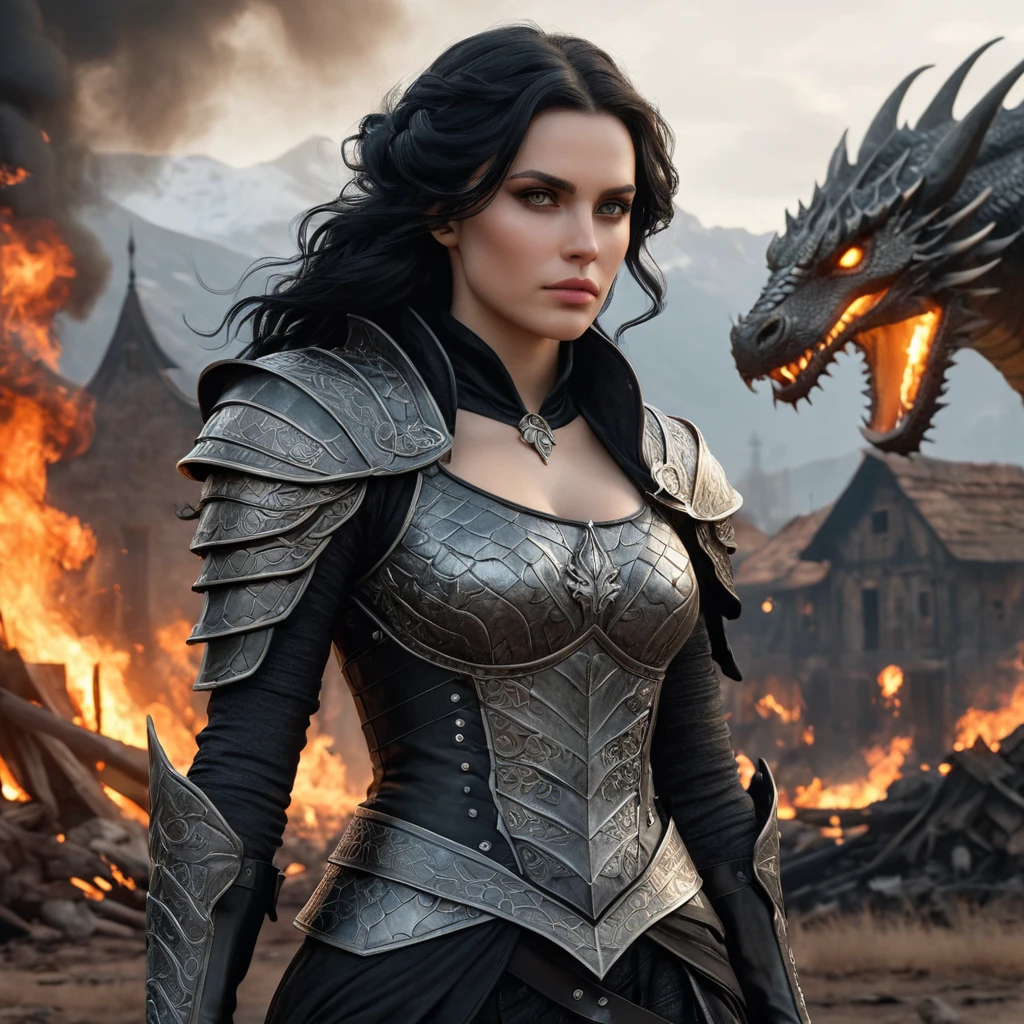 Yennefer with mystical, dragon-themed tattoos that wrap around her body, wearing a battle-worn, yet elegant armor, standing in a battlefield with a backdrop of a burning village, her expression fierce and determined.