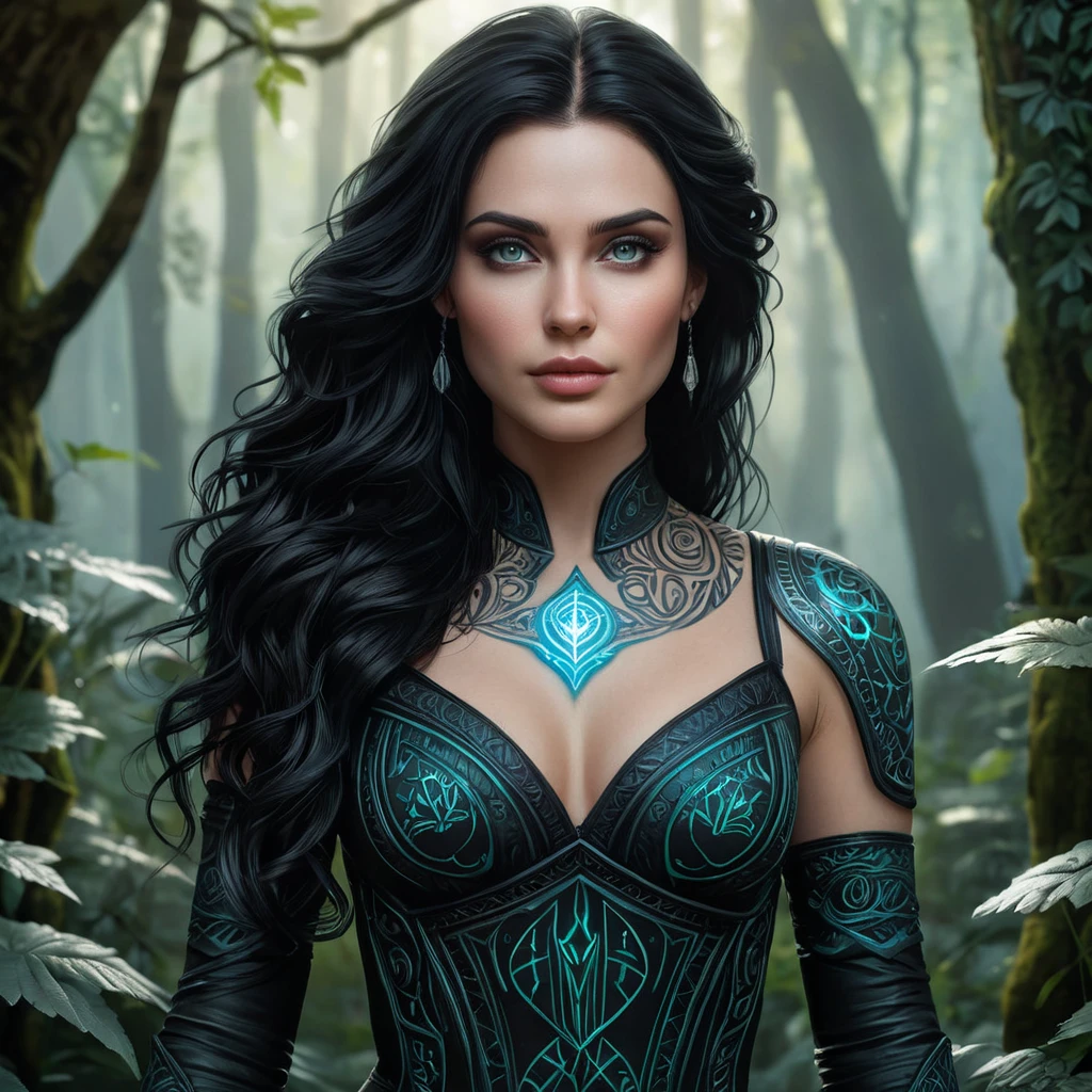 Yennefer of Vengerberg with intricate, glowing tattoos that resemble ancient runes, standing in a mystical forest with bioluminescent plants, her eyes shimmering with magical energy.