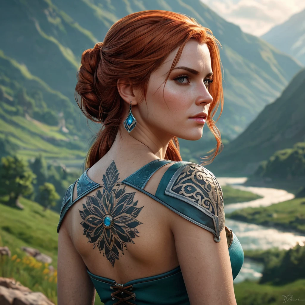 Triss Merigold, the compassionate and powerful mage from The Witcher 3, with tattoos that tell the story of her journey and battles, standing in a serene mountain valley, her hair cascading down her back, and her eyes reflecting both sorrow and hope.